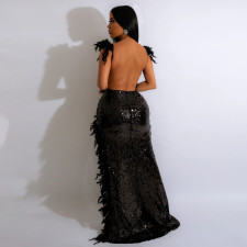 Sexy Feather Halter High Split Sequin Backless Dress CYA-900214