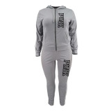Plus Size PINK Letter Print Zipper Hoodies Two Piece Pants Set YIM-374