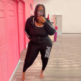 Plus Size PINK Letter Print Zipper Hoodies Two Piece Pants Set YIM-374