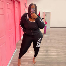Plus Size PINK Letter Print Zipper Hoodies Two Piece Pants Set YIM-374