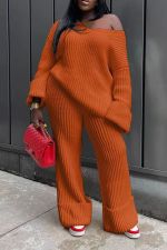 Plus Size Casual Solid Color Loose Knit Two Piece Pants Set TR-1285