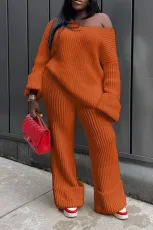 Plus Size Casual Solid Color Loose Knit Two Piece Pants Set TR-1285