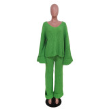 Plus Size Casual Solid Color Loose Knit Two Piece Pants Set TR-1285