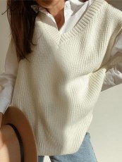 White Sleeveless V Neck Knits Vest ZDF-31265