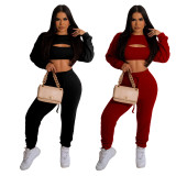 Solid Color Long Sleeve Tops+Vest+Pants 3 Piece Set TE-4654