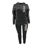 Plus Size PINK Letter Print Zipper Hoodies Two Piece Pants Set YIM-374