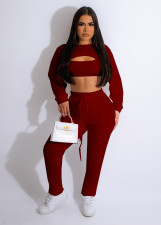 Solid Color Long Sleeve Tops+Vest+Pants 3 Piece Set TE-4654