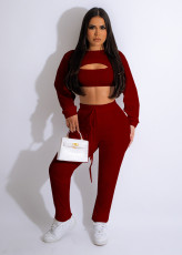 Solid Color Long Sleeve Tops+Vest+Pants 3 Piece Set TE-4654