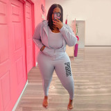 Plus Size PINK Letter Print Zipper Hoodies Two Piece Pants Set YIM-374