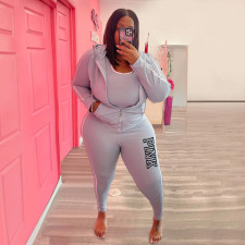 Plus Size PINK Letter Print Zipper Hoodies Two Piece Pants Set YIM-374