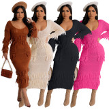 Sexy Knits Tassel Long Sleeve Midi Dress NYF-8157