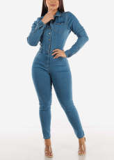 Plus Size Fashion Denim Single-breasted Button Slim Jumpsuit LX-3563