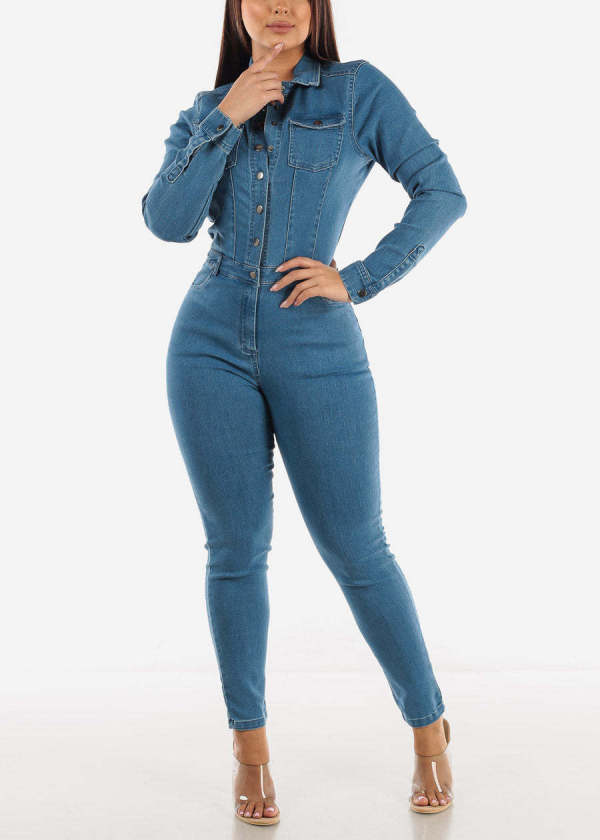 Plus Size Fashion Denim Single-breasted Button Slim Jumpsuit LX-3563