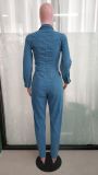 Plus Size Fashion Denim Single-breasted Button Slim Jumpsuit LX-3563