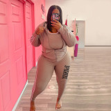 Plus Size PINK Letter Print Zipper Hoodies Two Piece Pants Set YIM-374