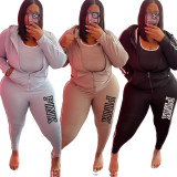 Plus Size PINK Letter Print Zipper Hoodies Two Piece Pants Set YIM-374
