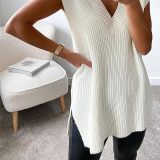 White Sleeveless V Neck Knits Vest ZDF-31265