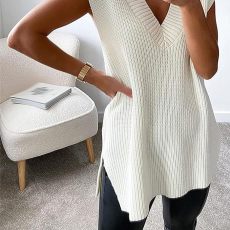 White Sleeveless V Neck Knits Vest ZDF-31265