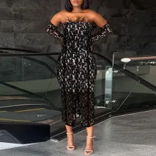 Plus Size See-through Lace Split Feather Wrap Chest Midi Dress NY-10630