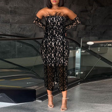 Plus Size See-through Lace Split Feather Wrap Chest Midi Dress NY-10630