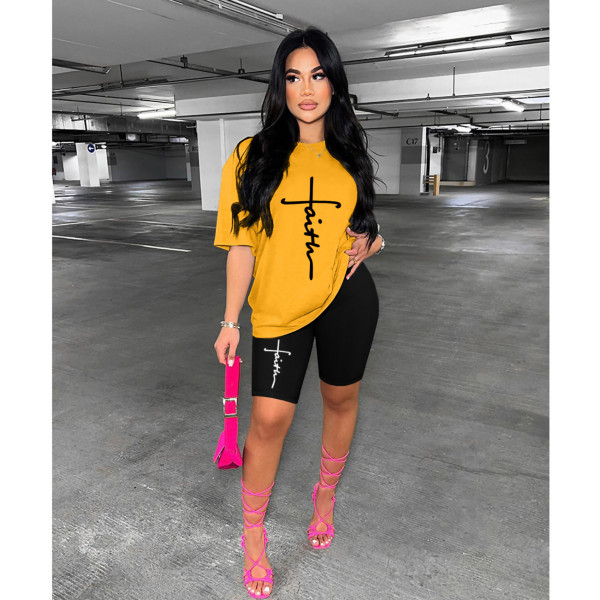 Letter Print Short Sleeve Short Two Piece Set HGL-9009009