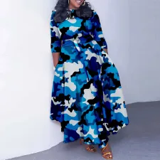 Plus Size Camouflage Printed Tie Up Big Swing Maxi Dress NY-10646