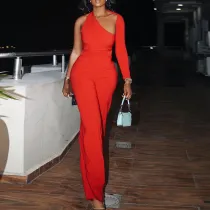 Solid Color Single Shoulder And Wide Leg Pant 2 Piece Set NY-10645