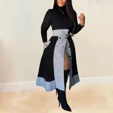 Plus Size Fashion Plaid Patchwork Split Long Skirt Two Piece Set  NY-10608