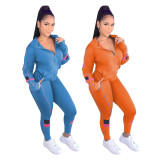 Fashion Zipper Patchwork Hooded Two Piece Pants Set QXTF-XT8813