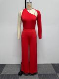 Solid Color Single Shoulder And Wide Leg Pant 2 Piece Set NY-10645