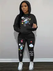 Padded Printed Hooded Sweatshirt Pants Two PIece Set SH-390878