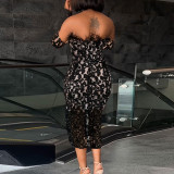 Plus Size See-through Lace Split Feather Wrap Chest Midi Dress NY-10630
