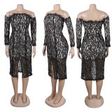 Plus Size See-through Lace Split Feather Wrap Chest Midi Dress NY-10630