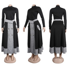 Plus Size Fashion Plaid Patchwork Split Long Skirt Two Piece Set  NY-10608