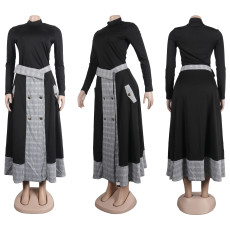 Plus Size Fashion Plaid Patchwork Split Long Skirt Two Piece Set  NY-10608