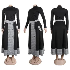 Plus Size Fashion Plaid Patchwork Split Long Skirt Two Piece Set  NY-10608