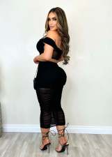 Sexy Plus Size One Shoulder Mesh Patchwork Skirt Two Piece Set NY-10632