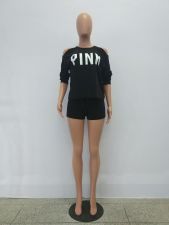 PINK Letter Print Sport Two Piece Shorts Set JH-018
