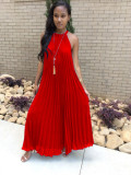 Fashion Solid Color Sling Pleated Maxi Dress LS-0110