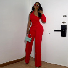Solid Color Single Shoulder And Wide Leg Pant 2 Piece Set NY-10645