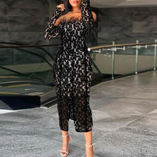 Plus Size See-through Lace Split Feather Wrap Chest Midi Dress NY-10630
