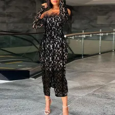 Plus Size See-through Lace Split Feather Wrap Chest Midi Dress NY-10630