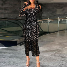 Plus Size See-through Lace Split Feather Wrap Chest Midi Dress NY-10630