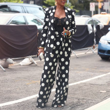 Plus Size Polka Dot Print Coat And Pants Loose 2 Piece Set NY-10638