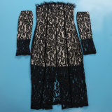 Plus Size See-through Lace Split Feather Wrap Chest Midi Dress NY-10630