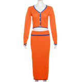 Fashion Contrast Color Long Sleeve Two Piece Skirt Set XEF-35747