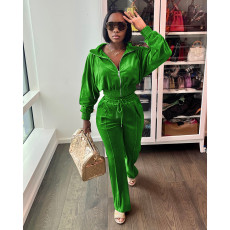 Velvet Elastic Waist Zipper Jacket Trouser Two Piece Set DDF-88223