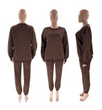 Solid Color O Neck Loose Sweatshirt Two Piece Pants Set SSNF-211346