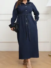 Plus Size Fashion Lapel Big Swing Denim Maxi Dress(With Waist Belt) GDAM-218319