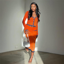 Fashion Contrast Color Long Sleeve Two Piece Skirt Set XEF-35747